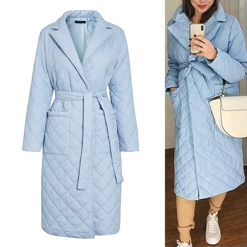 2021 Autumn Winter Coat Womens Argyle Long Jacket Thin Parkas Double Breasted Belt Coat Plaid Trench Coats for Women Overcoat