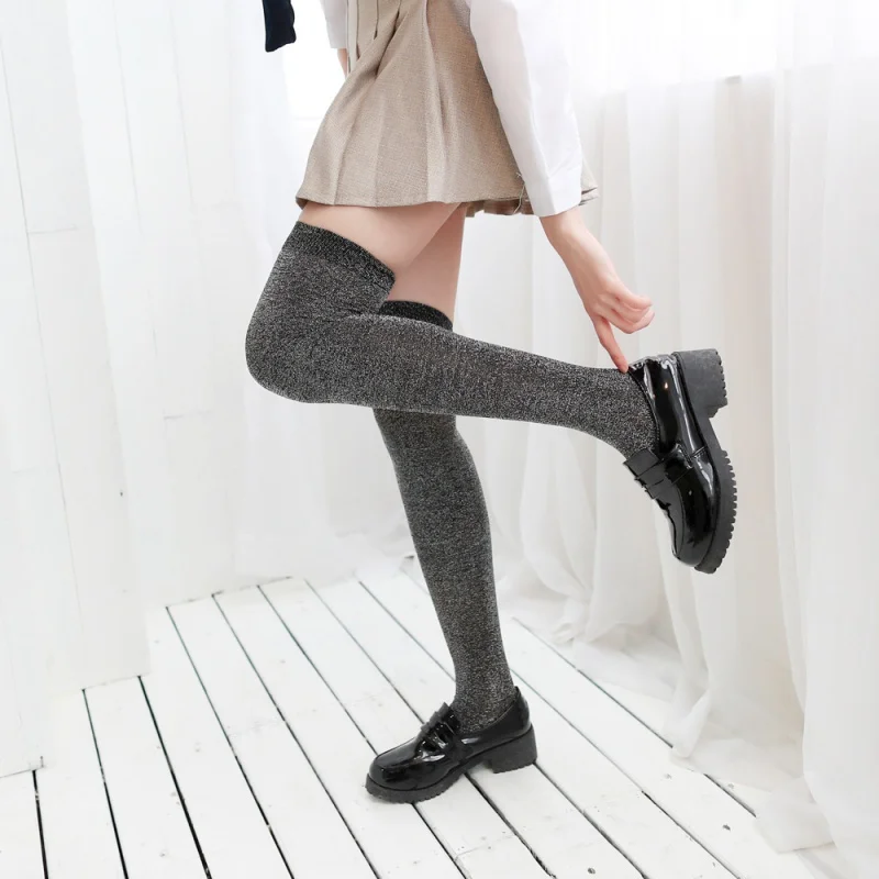 3018-1 Spring/Summer Knee Socks Female Sequins Stockings Student Pure Silver Silk Thigh High Socks