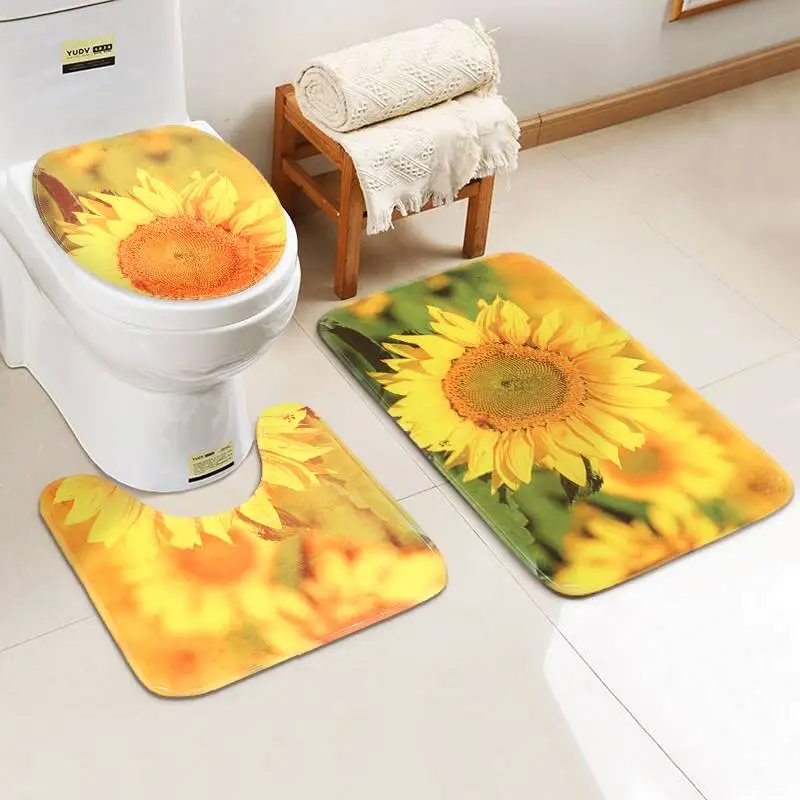 

3pcs/set Sunflower Bathroom Non-slip Mat Set Durable Waterproof Shower Curtain Set Pedestal Rug Lid Toilet Cover Bath Mat Rugs