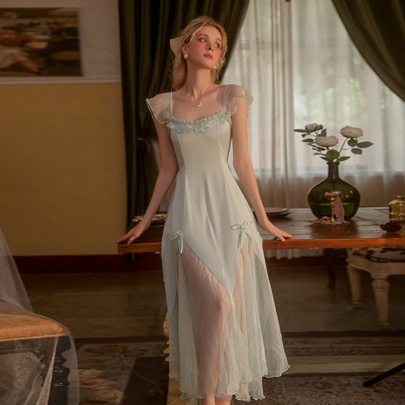 Women Fairy Skirt Fashion Gauze Perspective Dress Female Square Neck Short Puff Sleeves Backless Dress for Women's Nightdress