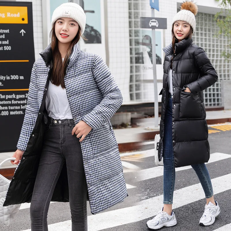 

2022 new lightweight mid-length down jacket women stand-up collar self-cultivation double-sided cotton jacket