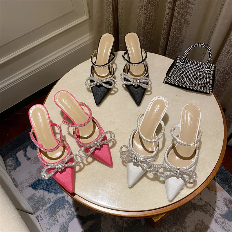 

New Ladies Shoes 2022 Women's Sandals Rhinestone Pointed Toe High Heels Summer Metal Chain Slippers Womens Shoes