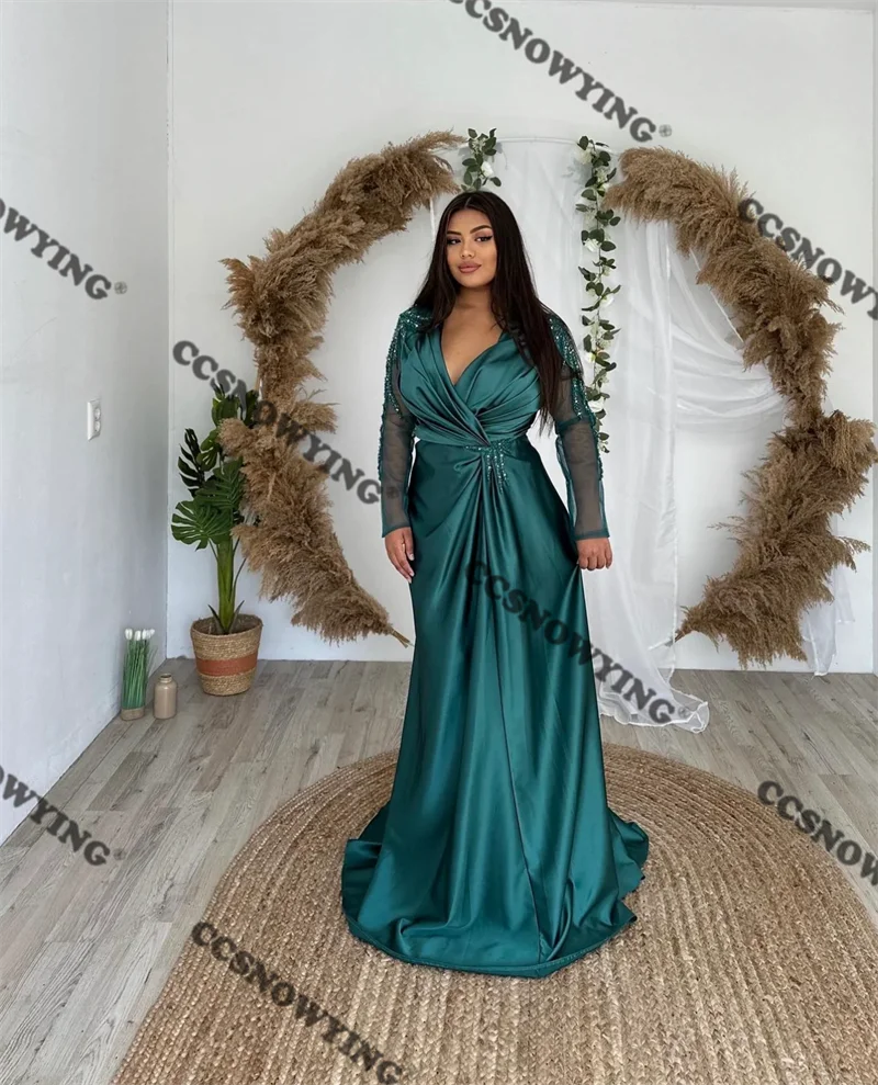 

Appliques Beaded Muslim Evening Dresses see-throug Long Sleeve Islamic Formal Party Gowns v Neck Women Arabic Robes De Soirée