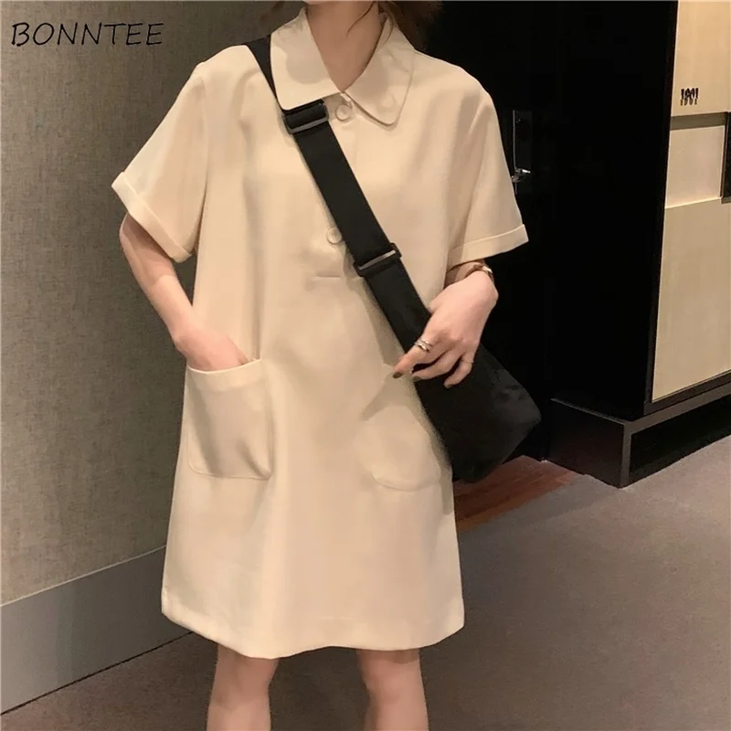 

5 Quarter Sleeve Dress Women Summer New Design Korean Style Chic Temper A-line Pockets Vestidos Classic Pure Color Daily Simple