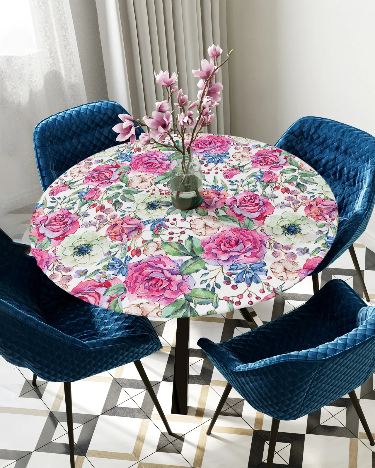 

Watercolor Flower Rose Round Rectangular Table Cover Waterproof Elastic Tablecloth For Kitchen Table Cloth Home Decoration