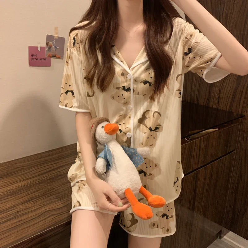Aging cute bear Pajama suit women's summer 2022 new lazy style can be worn outside home clothes three piece suit fashion
