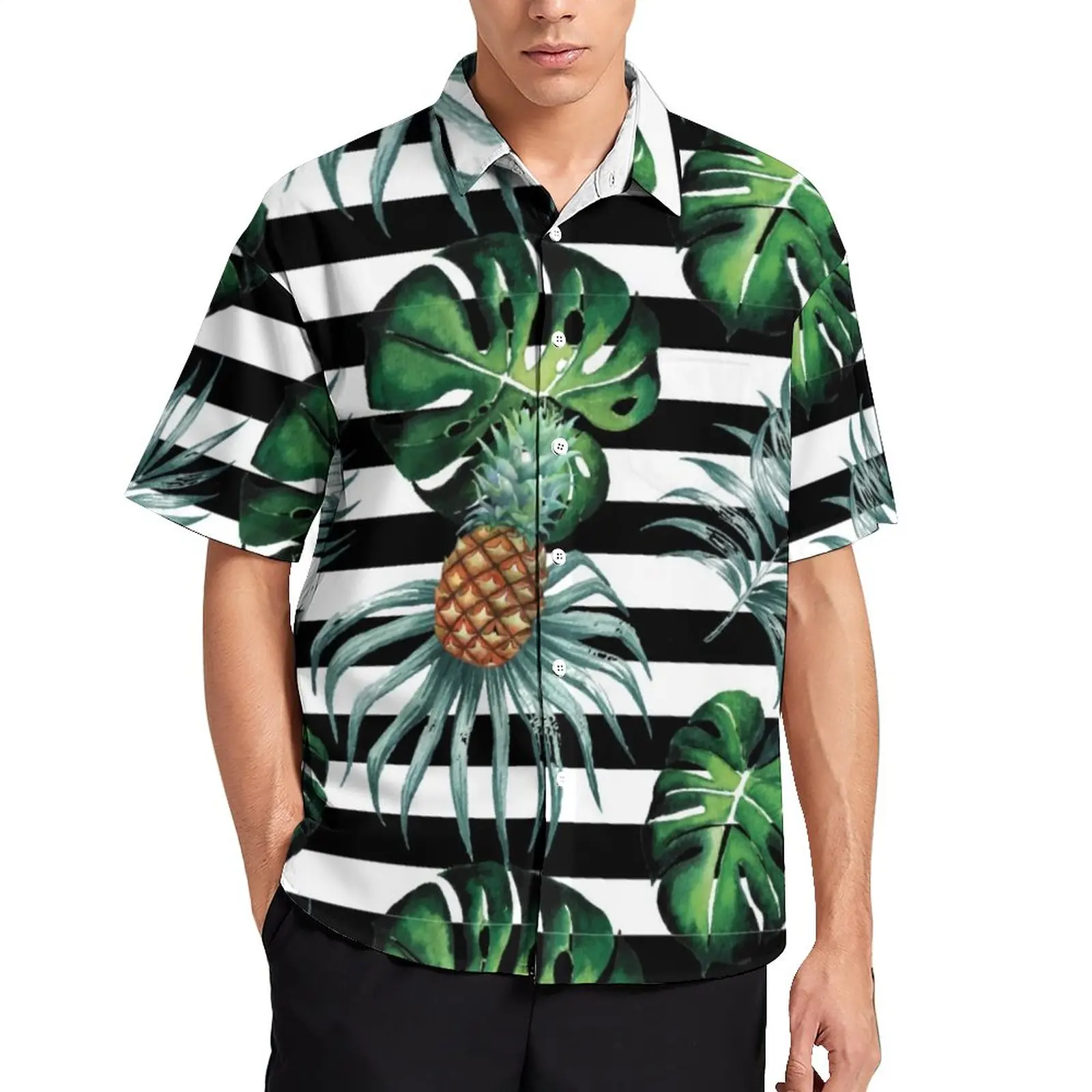

Tropical Pineapple Shirt Vacation Black Stripes Print Casual Shirts Summer Trendy Blouses Short-Sleeve Funny Oversized Clothing
