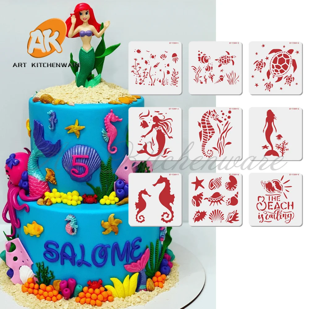 

9pcs/set Mermaid, Seafish Stencil,Baking Fondant Tools for Cakes,Celebration Tools Set Stencil,Fondant Decorating Stencil