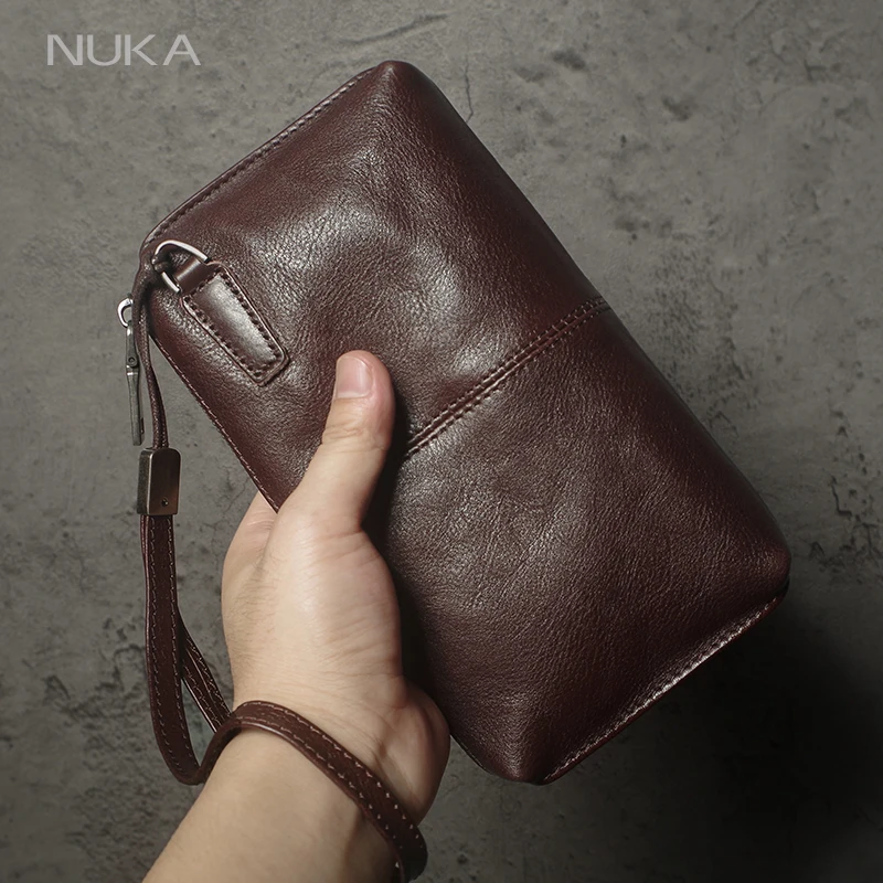 Фото NUKA Мужской клатч из натуральной кожи, высококачественная сумка на молнии, длинный кошелек, сумка для кредитных карт, женская сумка из воловьей кожи, сумка для мобильного телефона №1