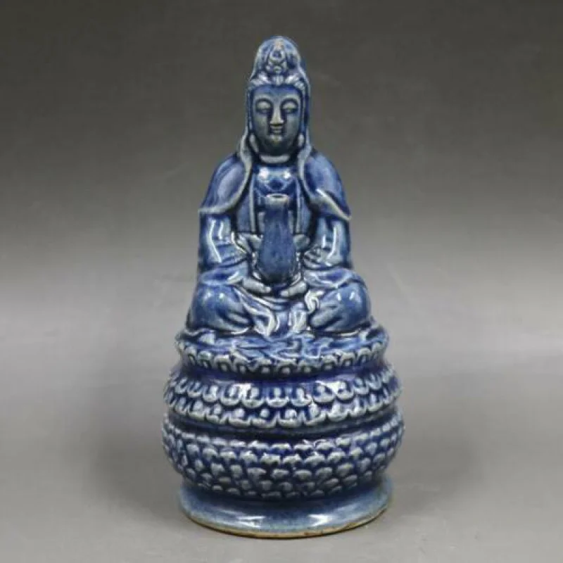 Chinese Yuan Blue Glaze Porcelain Statue Buddha Lotus Guanyin Statue 6.0 Inch