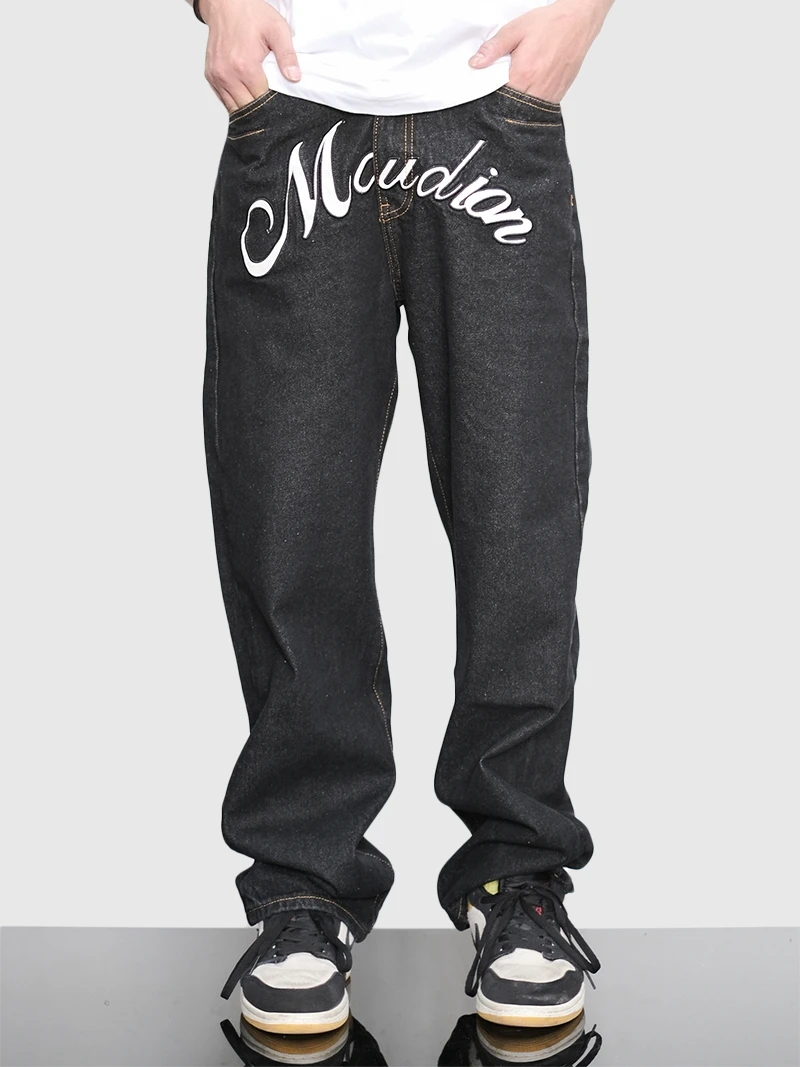 Four Seasons Men's Embroidered Letter Patchwork Washed Jeans Street Fashion Brand Loose Straight Pants Streetwear Ins Hot Sale