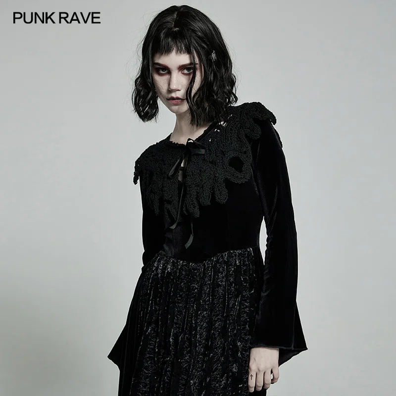 

Daily Hollow Out Black Weaved Shawl Flocking Ribbon To Tie The Neck Ponchos Clothes Accessories PUNK RAVE Women's Gothic