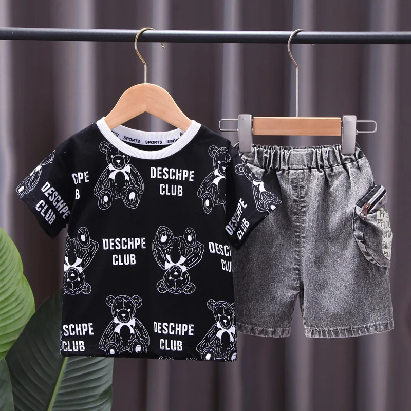 

Outerwear Baby Boys Girls Clothes Cartoon Short-sleeved T-shirt+Denim Gray Pants 2pcs New Fashion 6T Children Summer Tracksuit