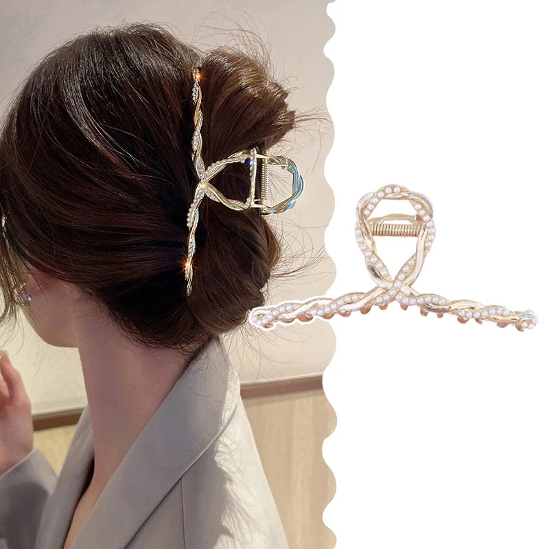 

Простые скрученные металлические заколки для волос с жемчугом стразы большие заколки для волос женские заколки для волос хвост Акула закол...