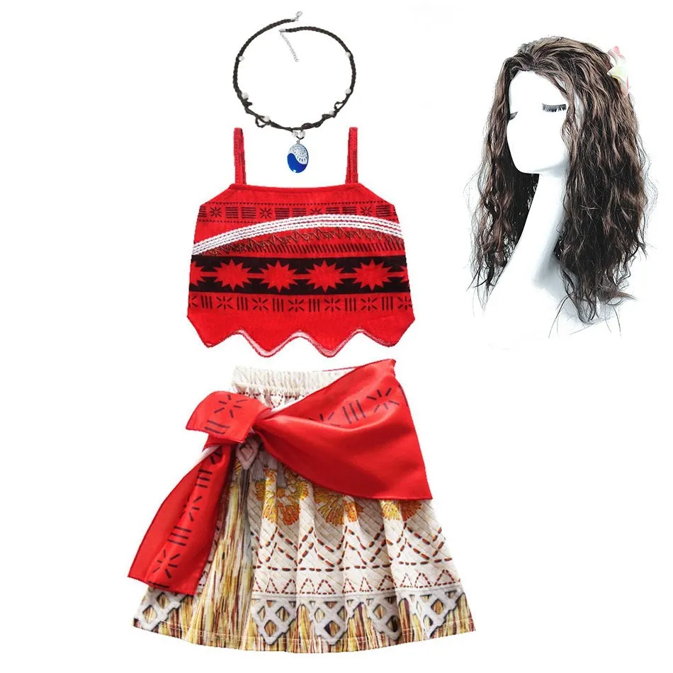 Kids Moana Costume for Girls Straps Backless Vaiana Summer Dress Wig Children Baby Clothes Carnival Christmas Birthday Attire