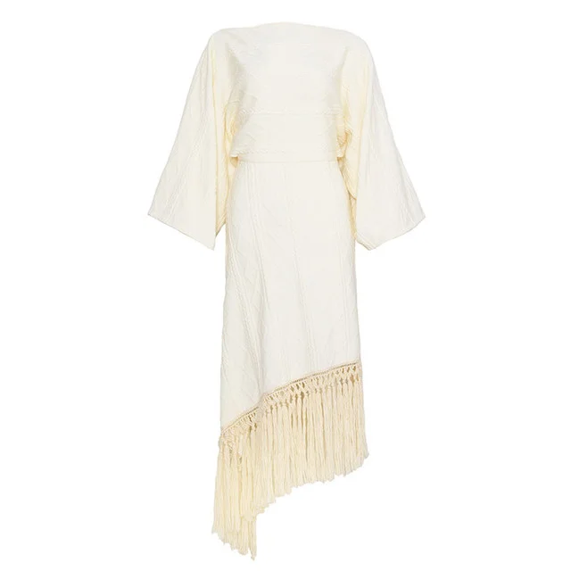 

Dress Fall Women Winter Vintage Elegant Slim Tassel Knitted Sweater Dress Casual Korean Fashion All-Match White Long Dress