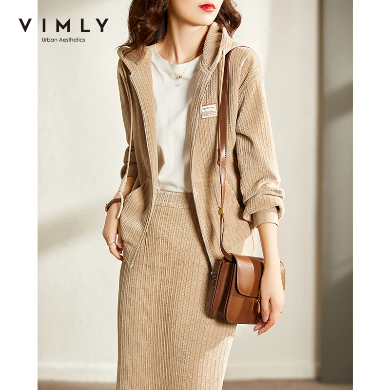 

VIMLY Two-piece Set Sweatshirt and Knitted Warm Skirt Winter Women's Corduroy Hoodied Coats Female Clothing 2 PCS Set F9605