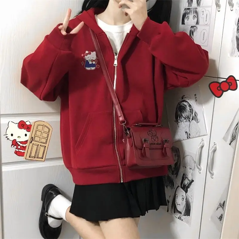 

Kawaii Plush Hooded Sanrio Hellokittys Anime Cute Winter Sweater Women Coat Plush Thick Long Sleeve Warm Top Girl Christmas Gift