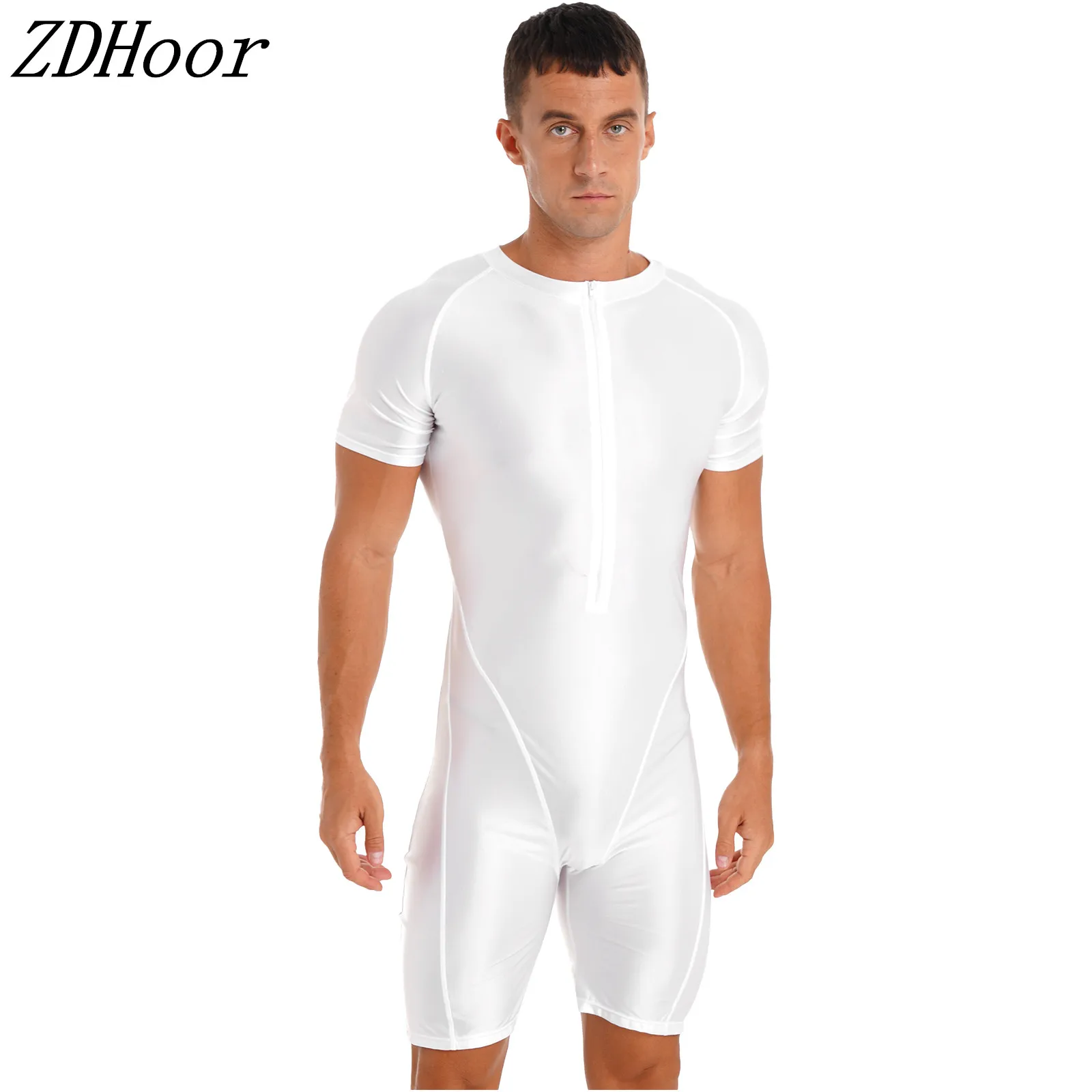 Mens Glossy Jumpsuit Rompers Solid Color Short Sleeve Zipper Bodysuit Swimwear Sportwear Adults Pajamas Playsuits Homewear 2023