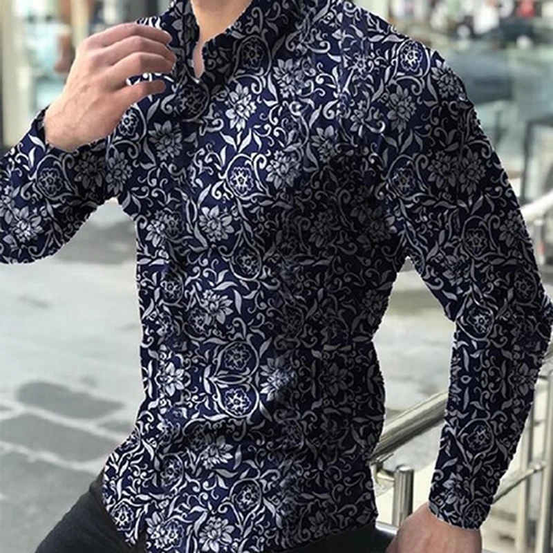 

Fashion Shirts For Men Long Sleeve Floral Print Shirt Autumn Shirts Men Dress Camisa Button Lapels Collar Male Turn Down Collar