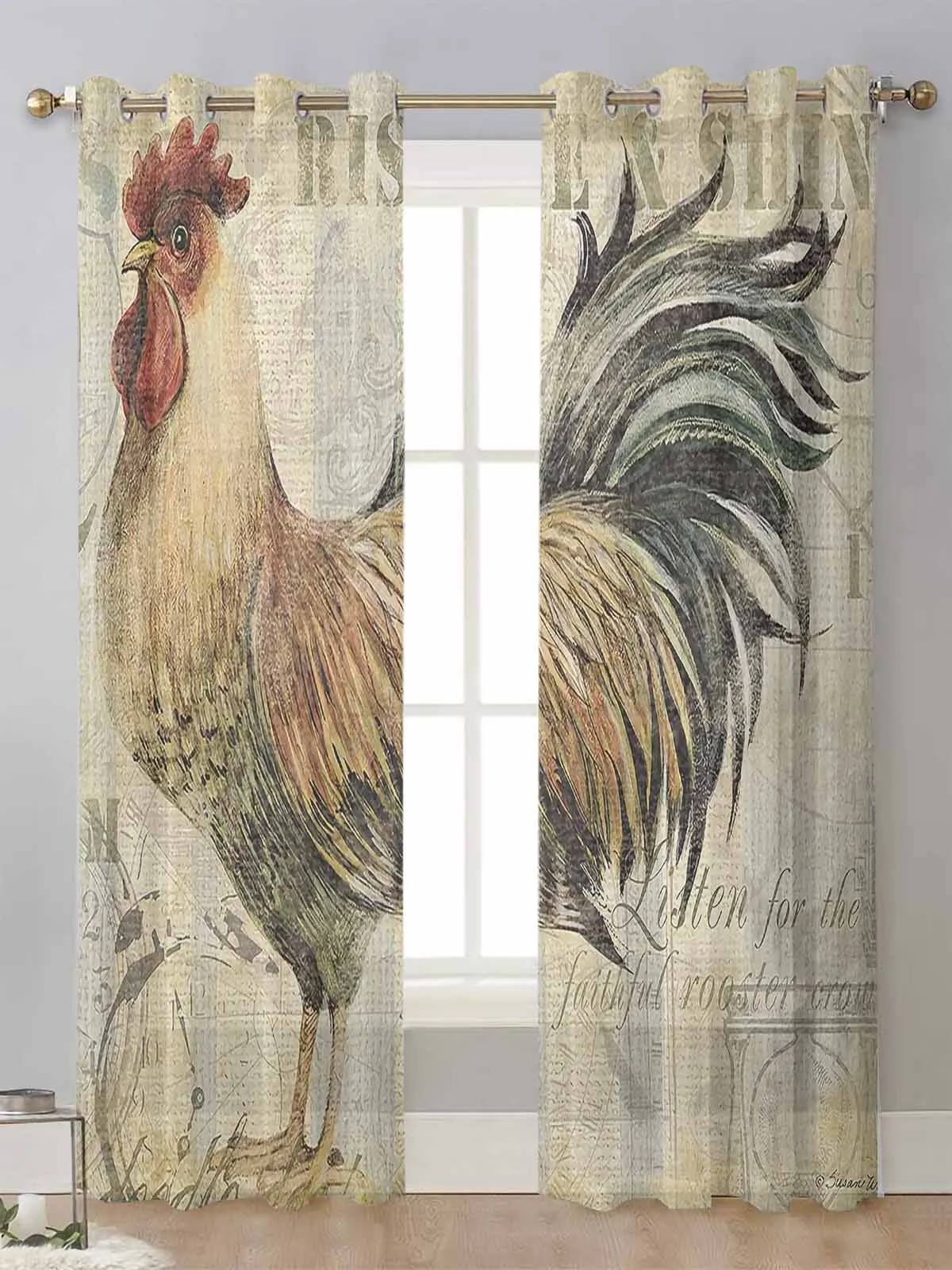 

Vintage Rooster Retro Farm Sheer Curtains For Living Room Window Transparent Voile Tulle Curtain Cortinas Drapes Home Decor