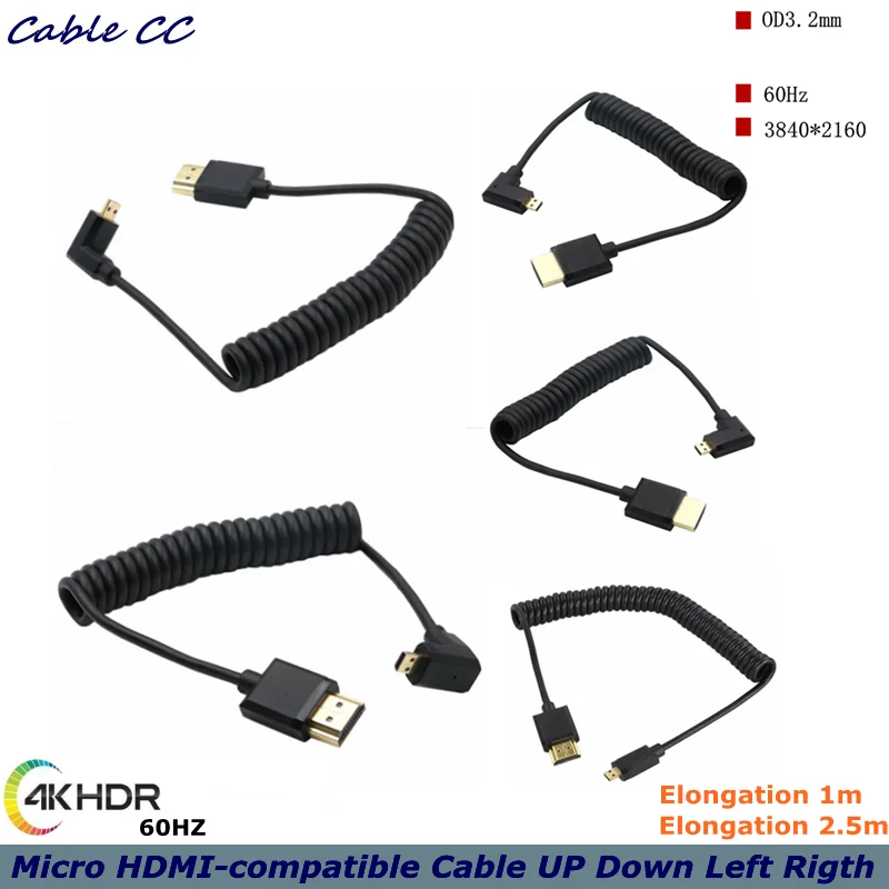 

4K*24 @60HZ OD 3.0mm Micro HDMI-compatible To HDMI-compatible Spiral Cable HDMI 2.0 To 90 Degree Micro Stretch Spring Cable