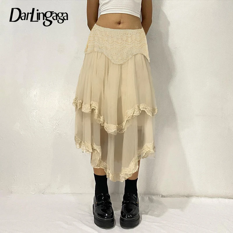 

Darlingaga Vintage Boho Y2K Aesthetic Maxi Skirt Women Holidays Fashion Lace Patchwork Mesh Skirt Long Irregular Hem Fold Bottom