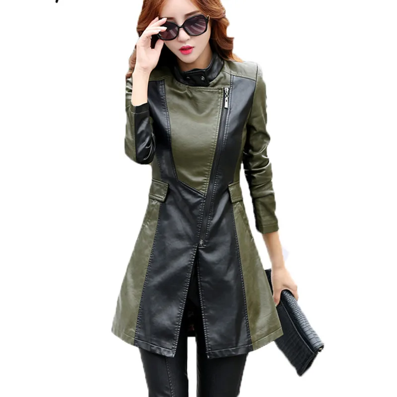 

2022 Autumn New Girls Leather Jacket Long Women's Coat Slim Fashion Tops Female Motorcycle Clothing Faux Leather Blazer Spring