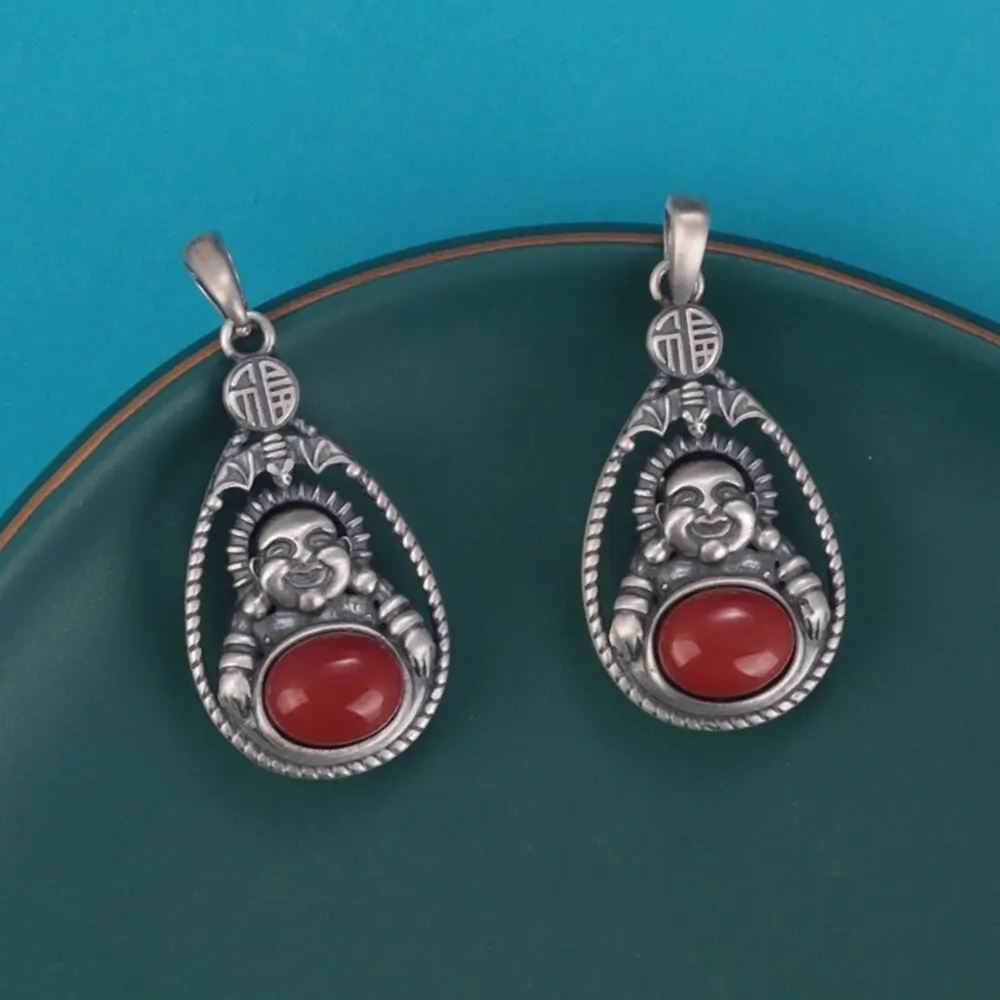 

1PCS Pure S925 Sterling Silver Lucky Red Agate Hollow Laughing Buddha Pendant