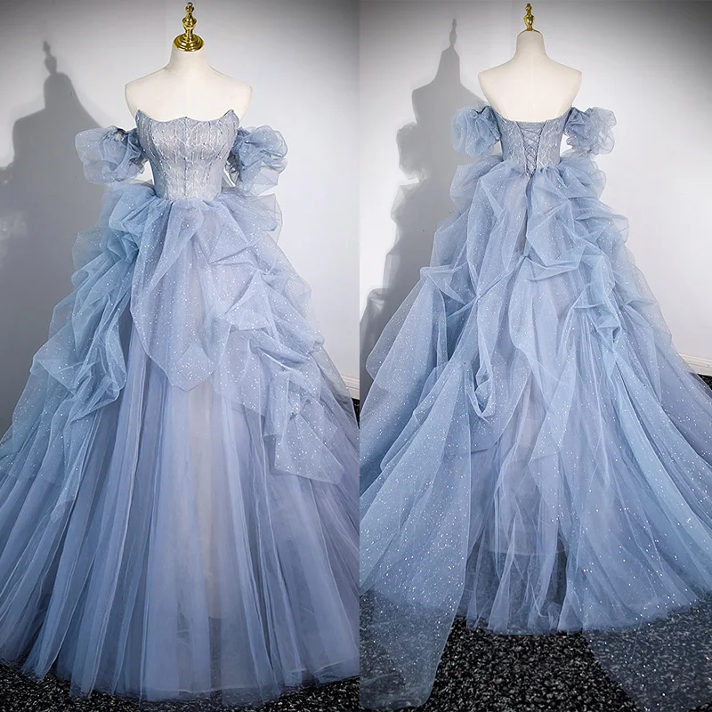 

Evening Dress Appliques Boat Neck Elegant Short Sleeves Floor-Length Blue Tulle Sequins A-Line Party Formal Dresses Woman B2755