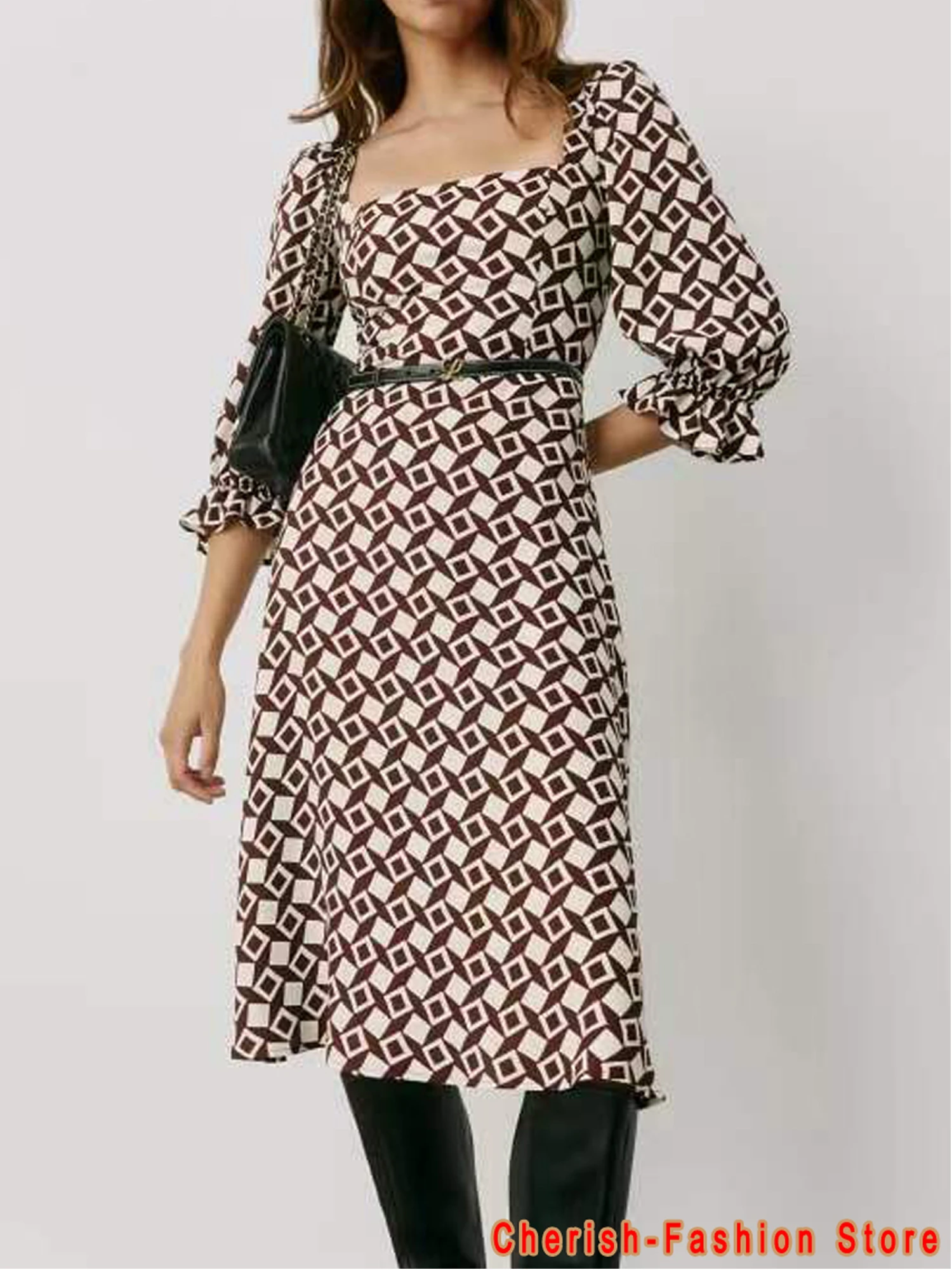 

Hot Spring Printed Dresses Women Fashion Elegant Sqare Collar Slim Dress Summer Office Ladies Mini Dress Dresses For Women 2022