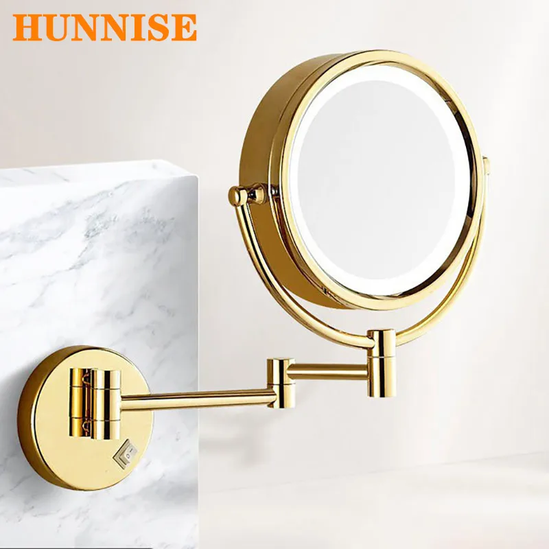 Fashion Led Folding Bathroom Mirrors with 5X Magnify Women Makeup Mirror Quality Brass Led Mirrors Golden Bathroom Mirror