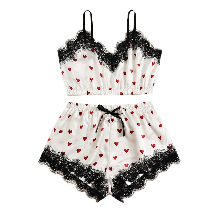 

Lace Satin Cami Print Heart Shorts Women Pijamas Sexy Sleepwear Set Eyelash 2022 Spring Summer Ladies Short Set Nightwear 2 PCS