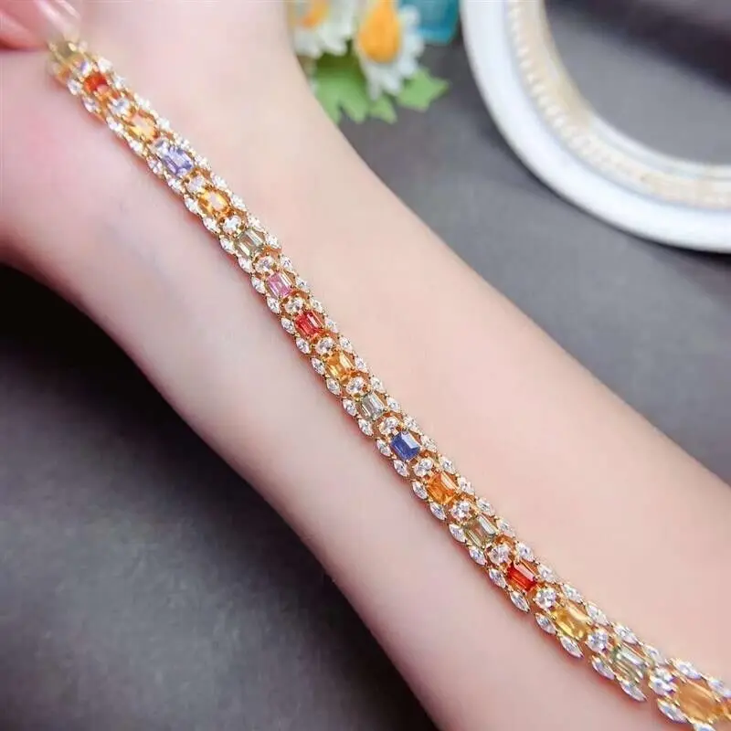 

MeiBaPJ 925 Sterling Silver Natural Colourful Sapphire Gemstone Simple Bracelet for Women Fine Bangle Wedding Jewelry