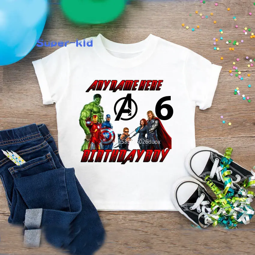 

Женская футболка с персонализированным именем на день рождения, футболки для девочек, детская футболка Marvel, одежда Мстителей, супергероев, Железного человека для мальчиков