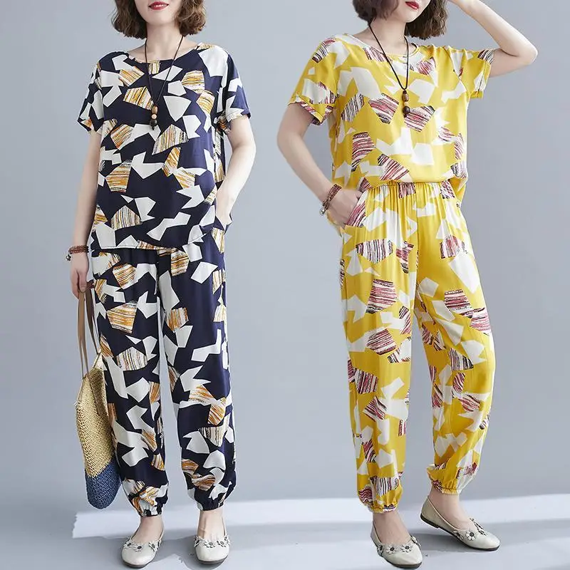 

Women 2022 Summer Thin Soft Cotton 2 Piece Clothes Set Female O Collar Short Sleeve Loose Tops Harem Pants Print Casual Suit E61