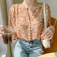 floral chiffon shirt female korean spring and autumn design sense long sleeved round neck printed blouse elegant sweet shirt new