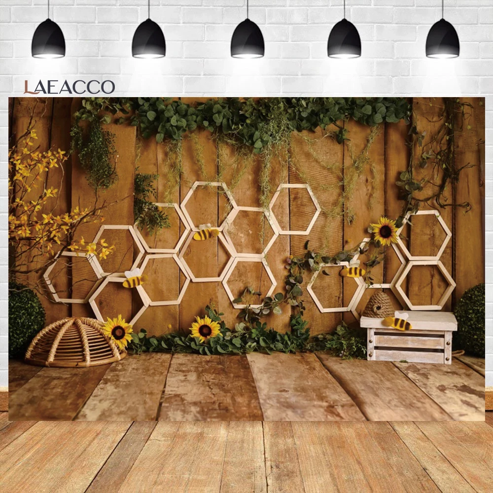 

Laeacco Rustic Wood Bee Sunflower Honeycomb Birthday Photography Backdrop Baby Newborn Cake Smash Portrait Customized Background