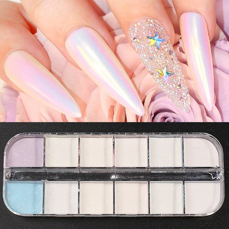 

12 Grid Mirror Pearl Powder Nail Glitter Aurora Mermaid Shimmer Rubbing On Nail Dust Chrome Pigment Holographic Decorations BEHC