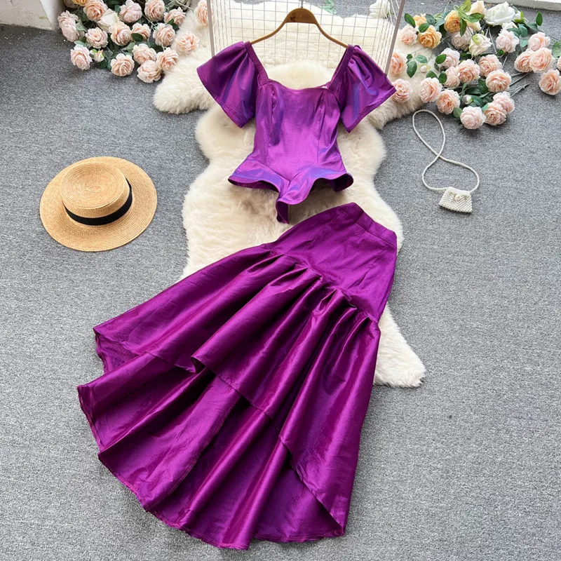 Short sleeve square neck irregular top+large hem pleated A-line skirt two-piece set  vestidos elegantes para mujer