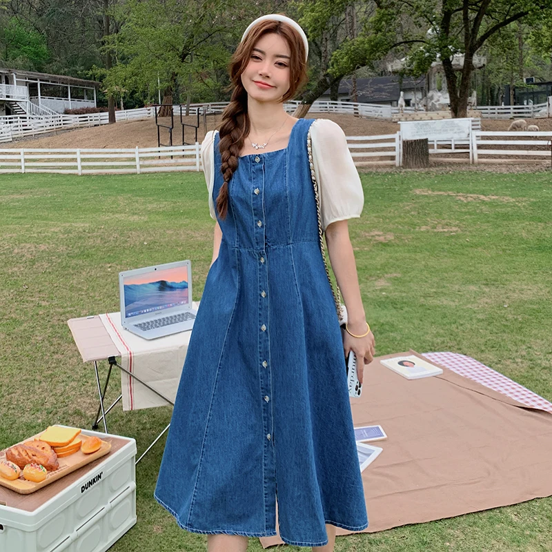 

Женское джинсовое платье-трапеция, Элегантное повседневное облегающее платье средней длины с квадратным вырезом и коротким рукавом, модель 2023 в Корейском стиле на лето, 8828