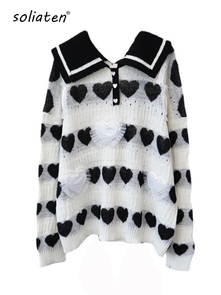 

Korean Vintage Loose Knit Pullover Y2k Oversized Jumper Love Jacquard Sweaters Fall Fashion Tops C-058