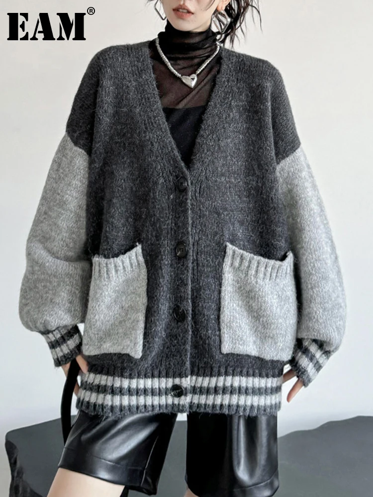 

[EAM] Color-block Big Size Knitting Cardigan Sweater Loose V-Neck Long Sleeve Women New Fashion Tide Spring Autumn 2023 1DH2715