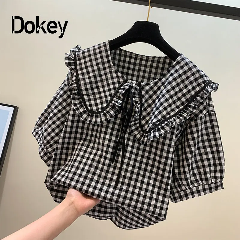 

Vintage Lace-up Black White Plaid Shirt Women Japanese Kawaii Peter Pan Collar Lolita Blouse Sweet Puff Sleeve Top Mujer De Moda