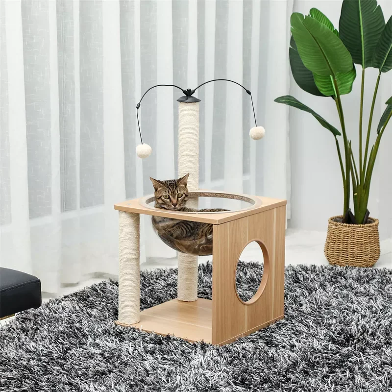 

2023New High Quality Wooden Cat Tree Scratching Post for Small Cats Kittens Transparent Acrylic Nest with 2 Rotatable Hanging Ba