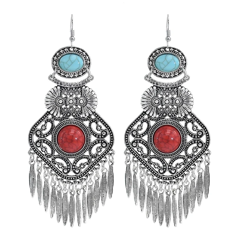 

Ethnic Vintage Big Statement Stone Long Tassel Earrings For Women Geometric Carved Hollow Bohemian Drop Dangle Earrings Jewelry