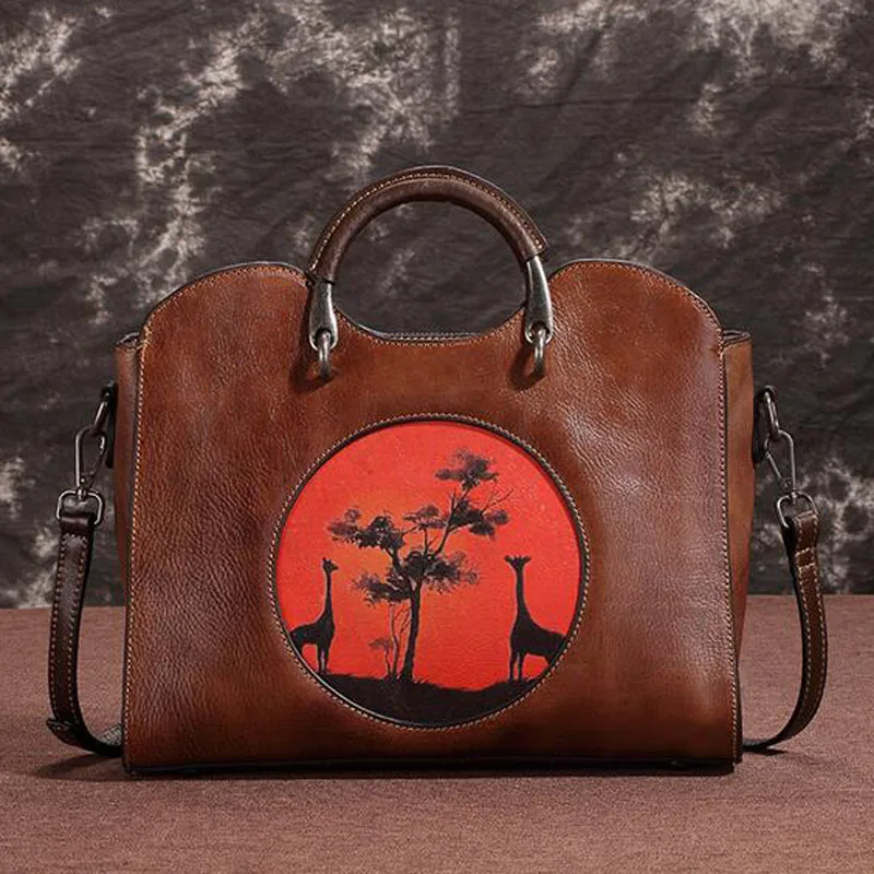 

High Quality Women Natural Skin Messenger Genuine Leather Bags Vintage Floral Embossing Female Handbag Top Handle Shoulder Bag