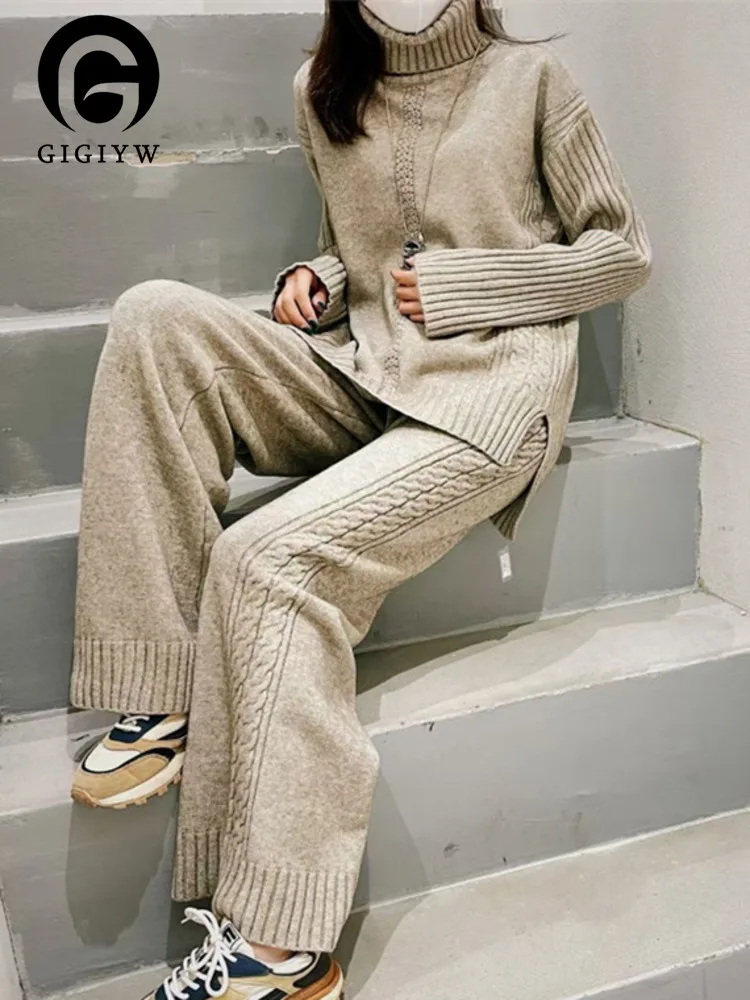 

Женский пуловер с высоким воротником GIGIYW, утепленный вязаный свитер, повседневный Модный комплект, широкие брюки с напуском, Осень-зима 2022