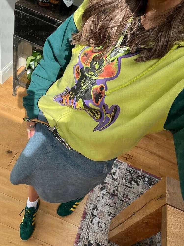 

Толстовка в стиле пэчворк с аниме принтом для пар Y2K Harajuku Толстовка большого размера на молнии для мужчин унисекс Высококачественная хип-поп уличная одежда