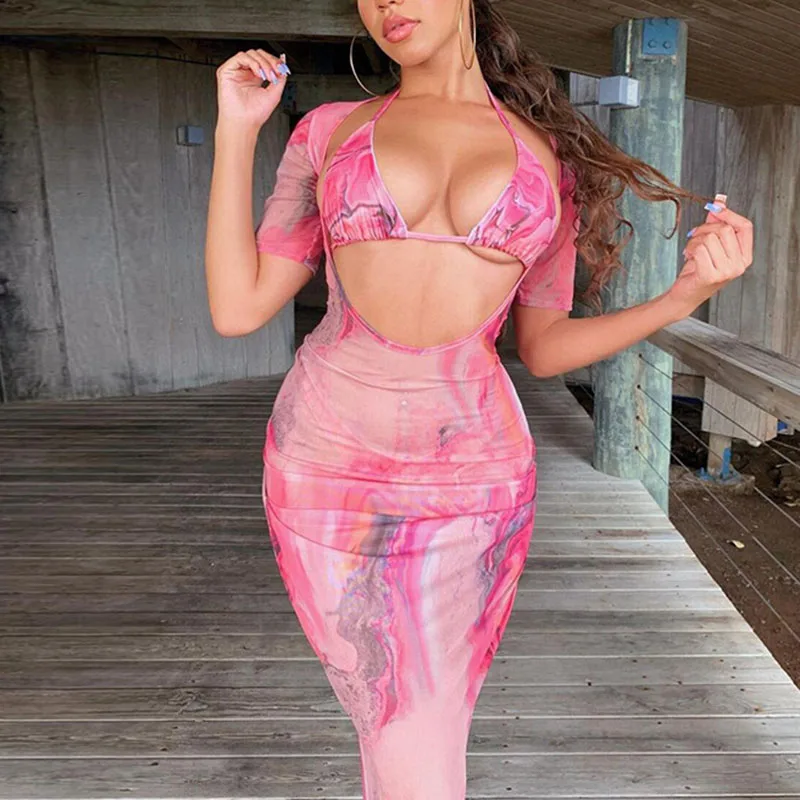 

Sexy Midi Dresses for Women Summer Tie Dye Print Bodycon Dress Mesh Short Sleeve Hollow Out See Through Beach Vacation Outfits